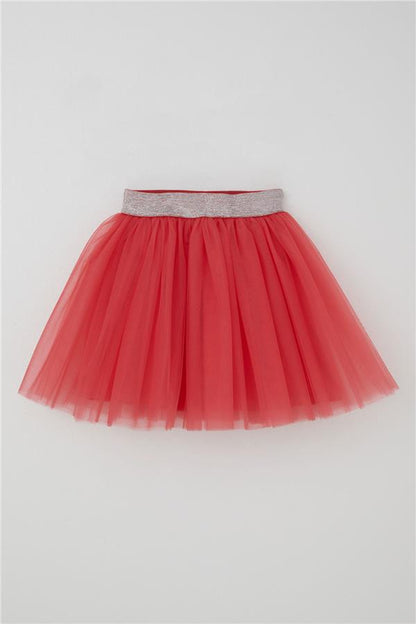 Girls' Tutu Skirt with Glitter Detail and Elastic Waistband, Coral Color (Ages 5-10)