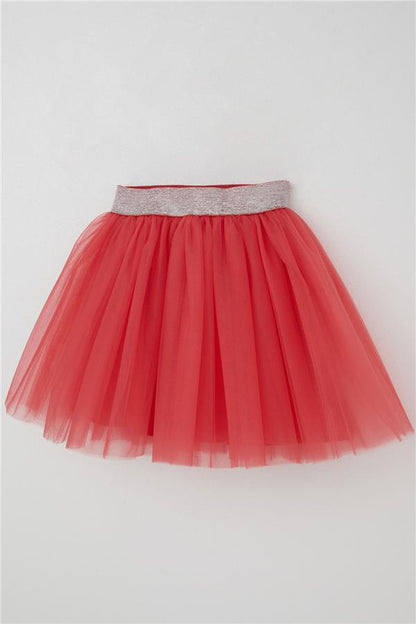 Girls' Tutu Skirt with Glitter Detail and Elastic Waistband, Coral Color (Ages 5-10)