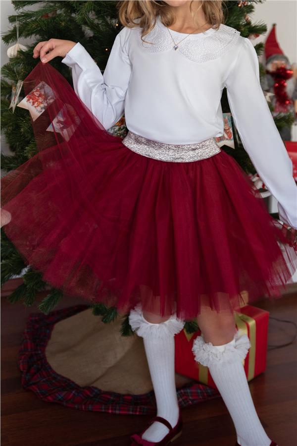 Girls' Tutu Skirt with Glitter Detail and Elastic Waistband, Burgundy (Ages 5-10)