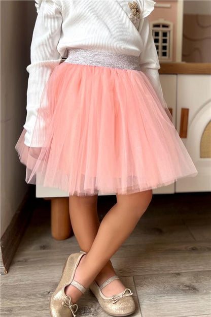Girls' Tutu Skirt with Glitter Detail and Elastic Waistband, Salmon Color (Ages 5-10)