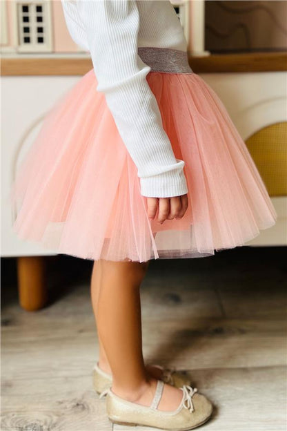 Girls' Tutu Skirt with Glitter Detail and Elastic Waistband, Salmon Color (Ages 5-10)