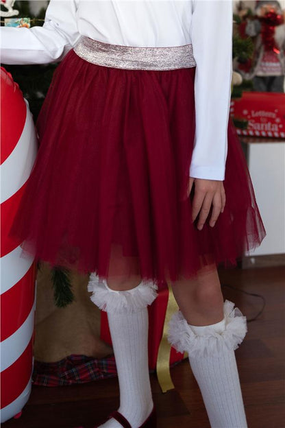 Girls' Tutu Skirt with Glitter Detail and Elastic Waistband, Burgundy (Ages 5-10)
