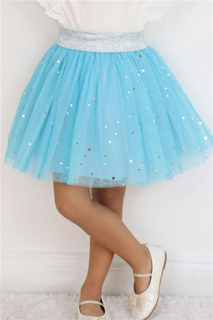 Girls' Tutu Skirt with Silver Star & Moon Pattern, Blue (Ages 5-10)