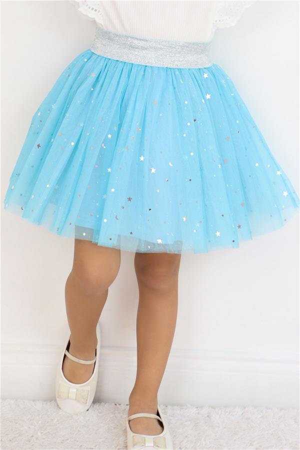 Girls' Tutu Skirt with Silver Star & Moon Pattern, Blue (Ages 5-10)