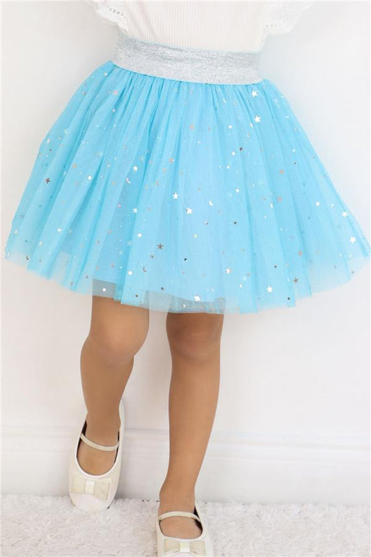 Girls' Tutu Skirt with Silver Star & Moon Pattern, Blue (Ages 5-10)