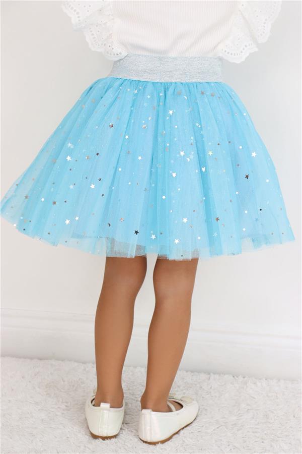Girls' Tutu Skirt with Silver Star & Moon Pattern, Blue (Ages 5-10)