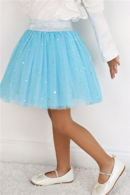 Girls' Tutu Skirt with Silver Star & Moon Pattern, Blue (Ages 5-10)