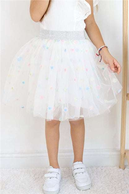 Girls' Tutu Skirt with Colorful Flower Embroidery, White (Ages 4-10)