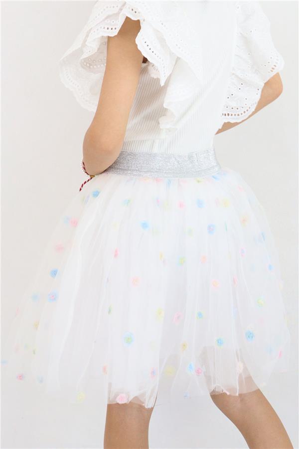 Girls' Tutu Skirt with Colorful Flower Embroidery, White (Ages 4-10)