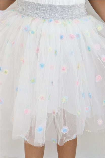 Girls' Tutu Skirt with Colorful Flower Embroidery, White (Ages 4-10)