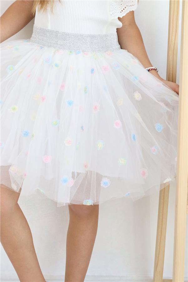 Girls' Tutu Skirt with Colorful Flower Embroidery, White (Ages 4-10)