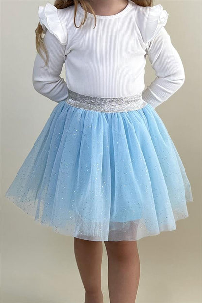 Girls' Glittery Tutu Skirt with Elastic Waistband, Light Blue (Ages 5-10)