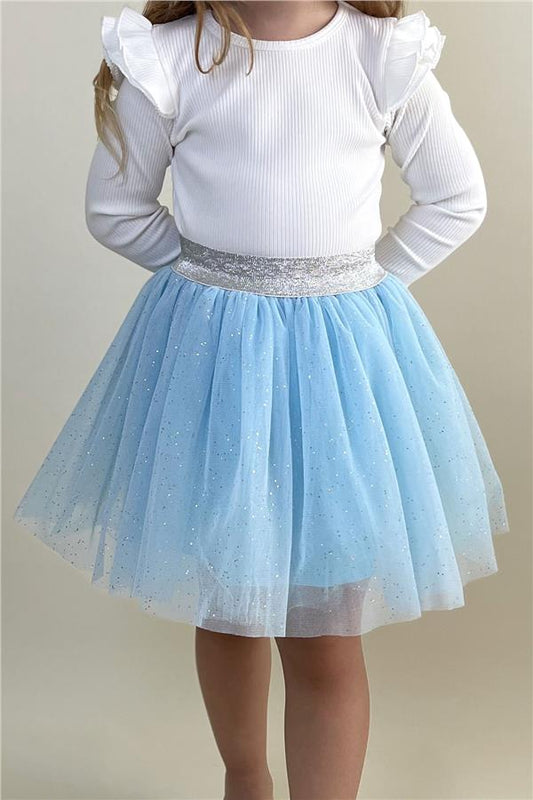 Girls' Glittery Tutu Skirt with Elastic Waistband, Light Blue (Ages 5-10)