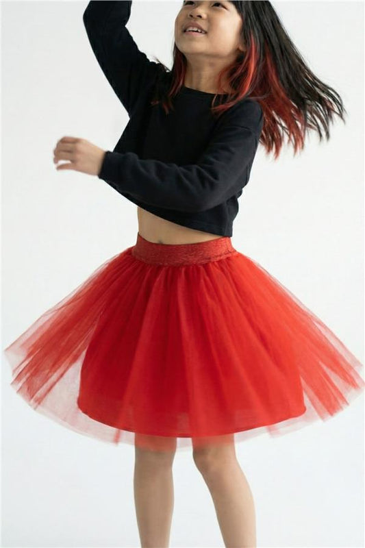 Girls' Glittery Tutu Skirt with Elastic Waistband, Red (Ages 5-10)