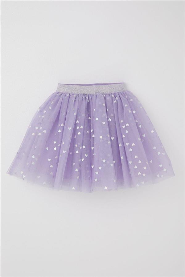 Girls' Tutu Skirt with Glitter Heart Pattern, Elastic Waist, Lilac (Ages 5-10)