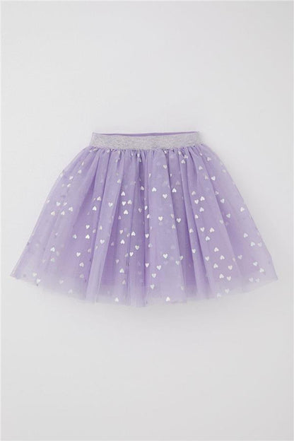 Girls' Tutu Skirt with Glitter Heart Pattern, Elastic Waist, Lilac (Ages 5-10)