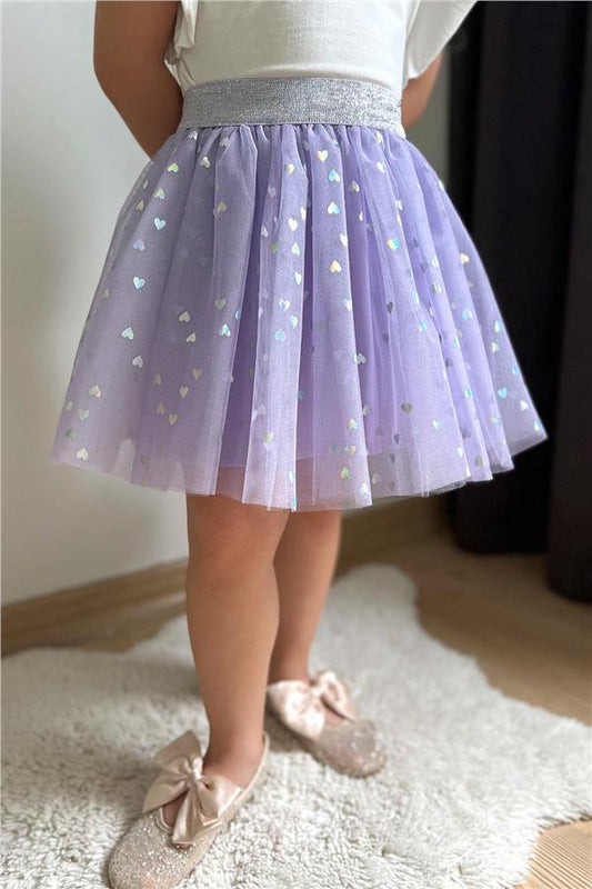 Girls' Tutu Skirt with Glitter Heart Pattern, Elastic Waist, Lilac (Ages 5-10)