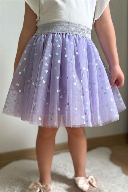 Girls' Tutu Skirt with Glitter Heart Pattern, Elastic Waist, Lilac (Ages 5-10)