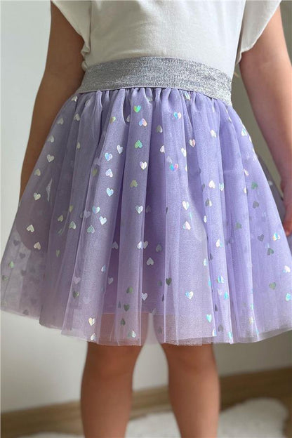 Girls' Tutu Skirt with Glitter Heart Pattern, Elastic Waist, Lilac (Ages 5-10)