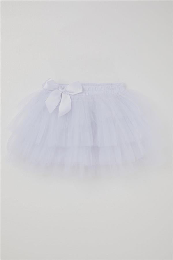 Girls' Tutu Skirt with Tulle Detail and Layered Bow Accessory, White (Ages 4-8)
