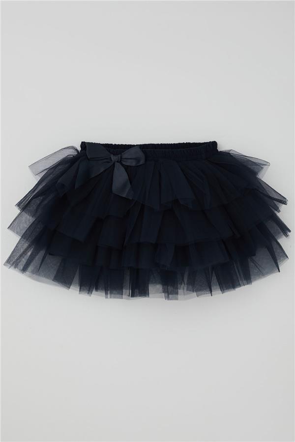 Girls' Tutu Skirt with Tulle Detail and Layered Bow Accessory, Navy Blue (Ages 4-8)