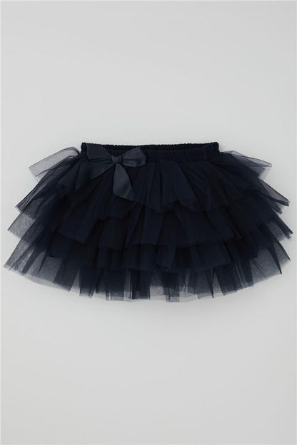 Girls' Tutu Skirt with Tulle Detail and Layered Bow Accessory, Navy Blue (Ages 4-8)