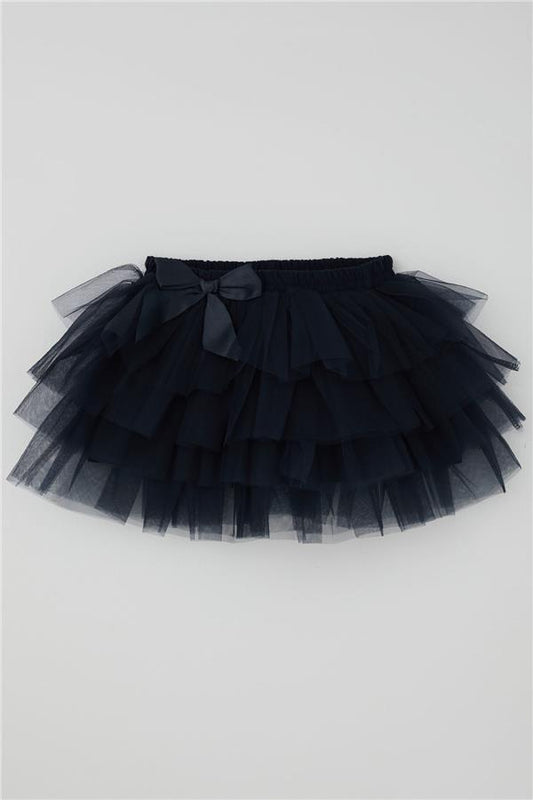 Girls' Tutu Skirt with Tulle Detail and Layered Bow Accessory, Navy Blue (Ages 4-8)
