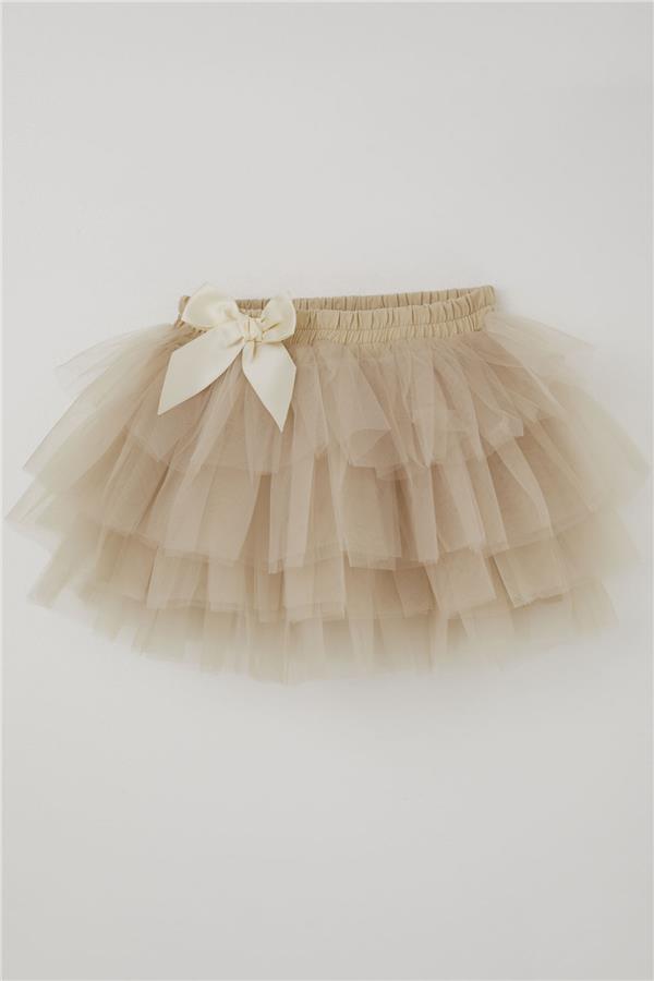 Girls' Tutu Skirt with Tulle Detail and Layered Bow Accessory, Beige (Ages 4-8)