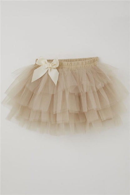 Girls' Tutu Skirt with Tulle Detail and Layered Bow Accessory, Beige (Ages 4-8)