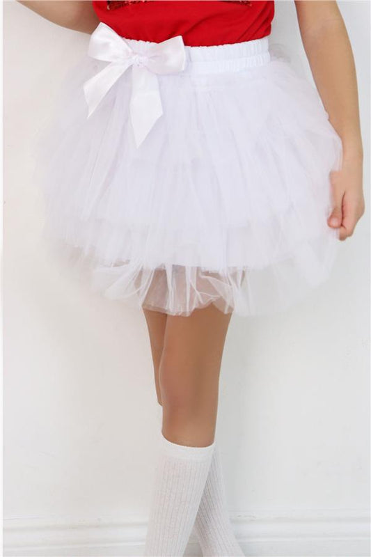 Girls' Tutu Skirt with Tulle Detail and Layered Bow Accessory, White (Ages 4-8)