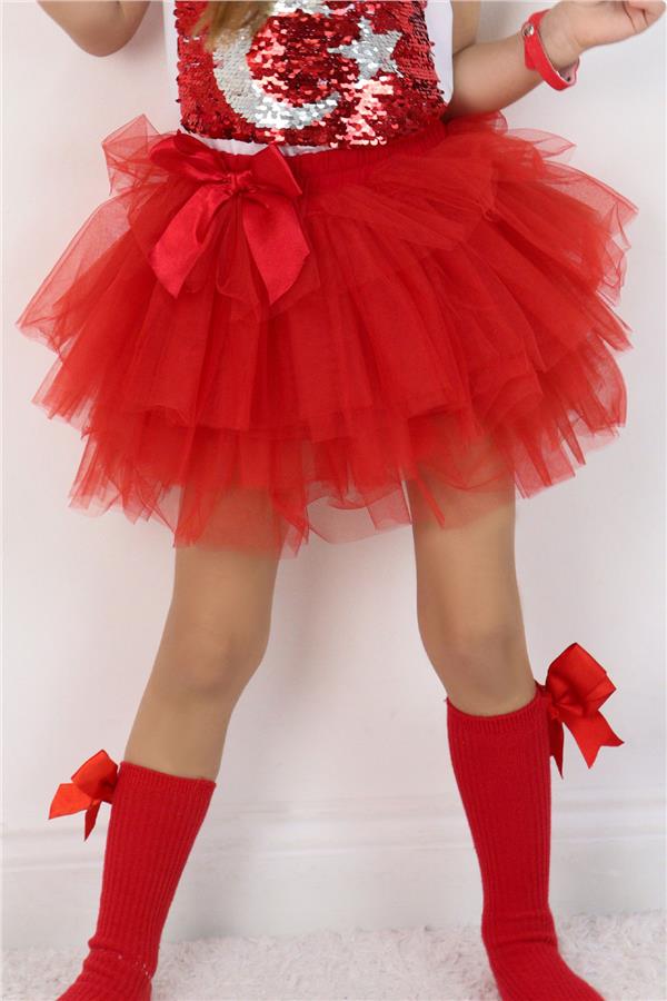 Girls' Tutu Skirt with Tulle Detail and Layered Bow Accessory, Red (Ages 4-8)