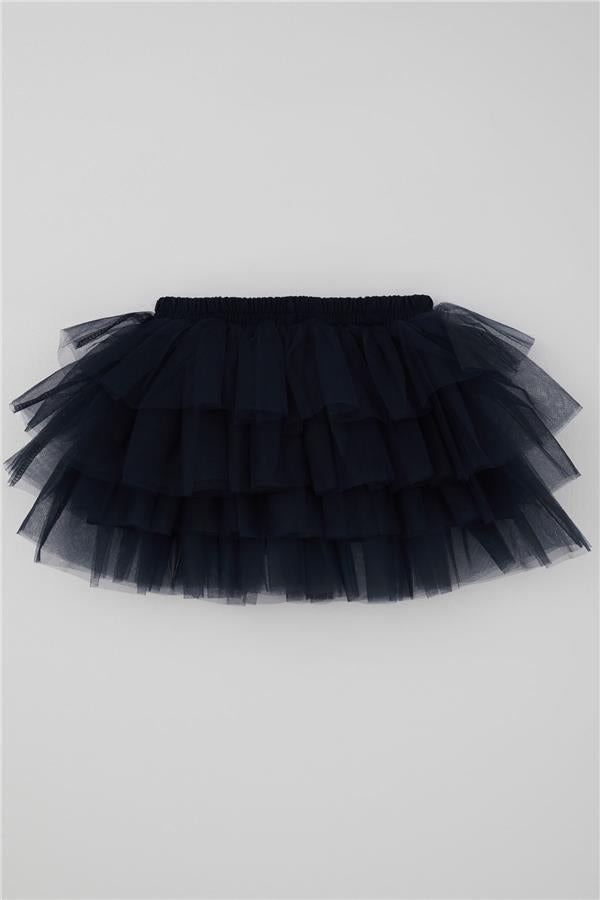 Girls' Tutu Skirt with Tulle Detail and Layered Bow Accessory, Navy Blue (Ages 4-8)