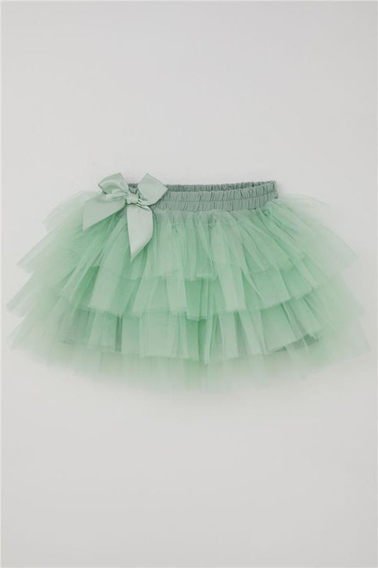 Girls' Tutu Skirt with Tulle Detail and Layered Bow Accessory, Aqua Green (Ages 4-8)