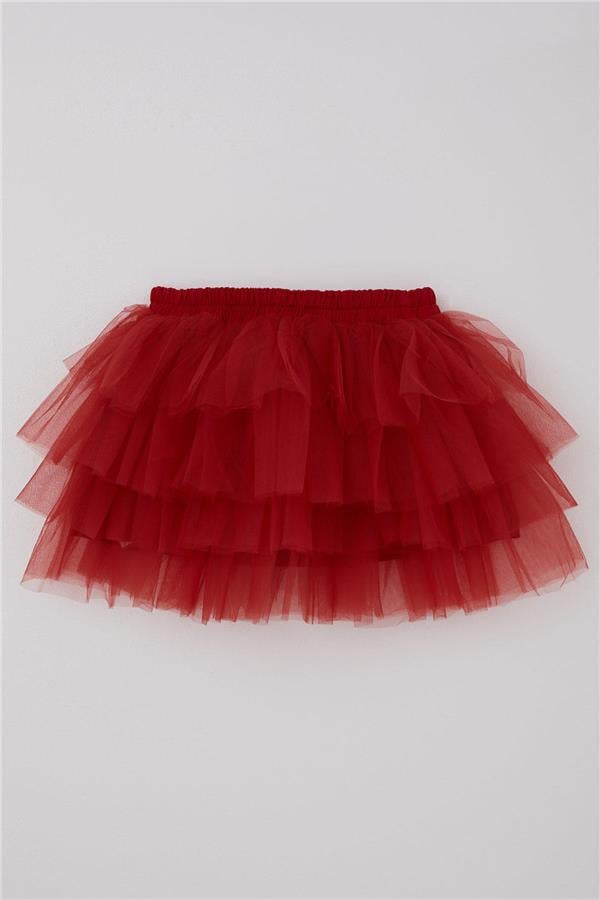 Girls' Tutu Skirt with Tulle Detail and Layered Bow Accessory, Red (Ages 4-8)