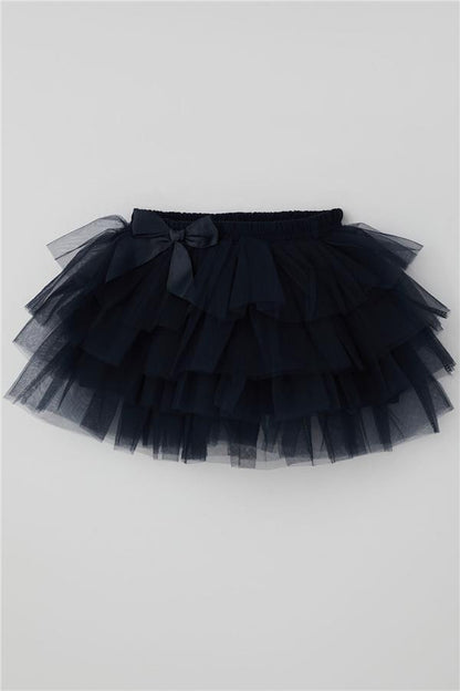 Girls' Tutu Skirt with Tulle Detail and Layered Bow Accessory, Navy Blue (Ages 4-8)