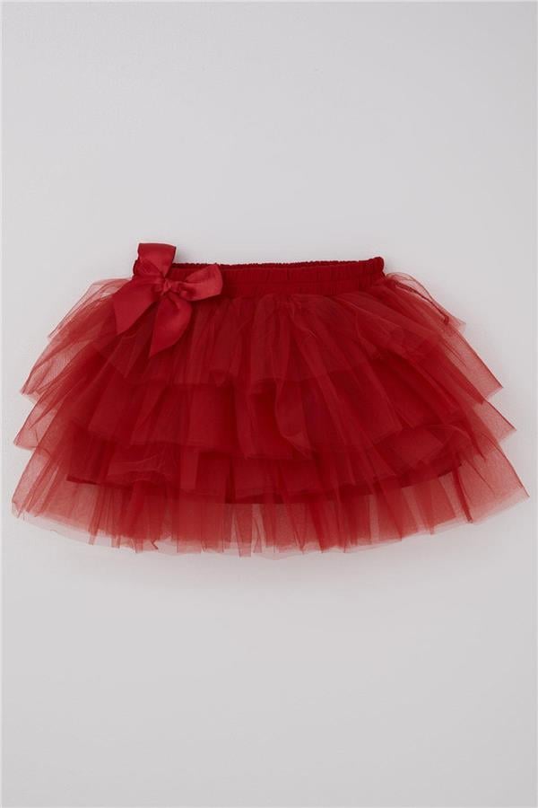 Girls' Tutu Skirt with Tulle Detail and Layered Bow Accessory, Red (Ages 4-8)