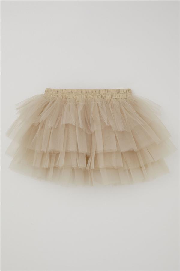 Girls' Tutu Skirt with Tulle Detail and Layered Bow Accessory, Beige (Ages 4-8)