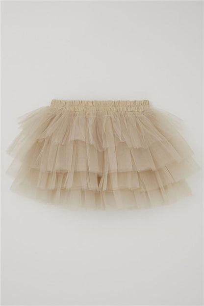 Girls' Tutu Skirt with Tulle Detail and Layered Bow Accessory, Beige (Ages 4-8)