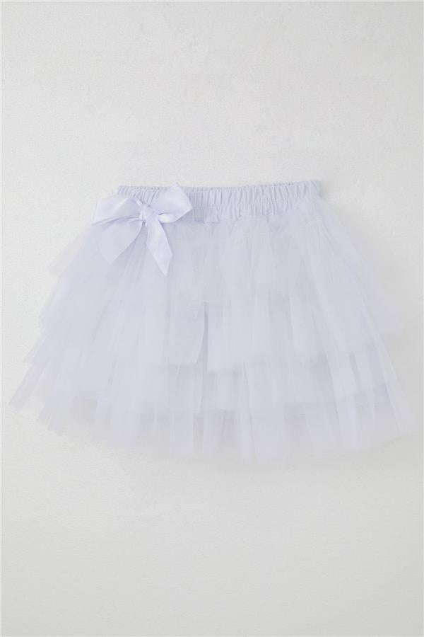 Girls' Tutu Skirt with Tulle Detail and Layered Bow Accessory, White (Ages 4-8)