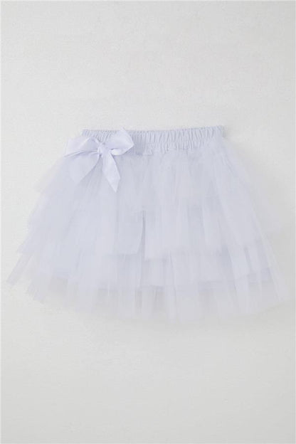 Girls' Tutu Skirt with Tulle Detail and Layered Bow Accessory, White (Ages 4-8)