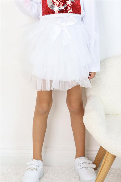 Girls' Tutu Skirt with Tulle Detail and Layered Bow Accessory, White (Ages 4-8)