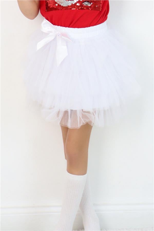 Girls' Tutu Skirt with Tulle Detail and Layered Bow Accessory, White (Ages 4-8)