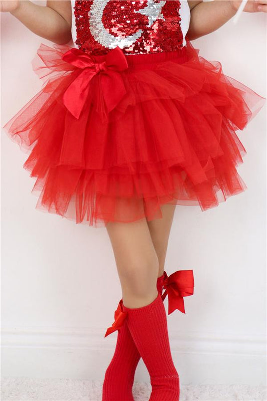 Girls' Tutu Skirt with Tulle Detail and Layered Bow Accessory, Red (Ages 4-8)