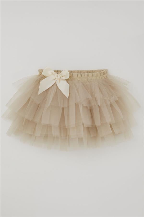 Girls' Tutu Skirt with Tulle Detail and Layered Bow Accessory, Beige (Ages 4-8)