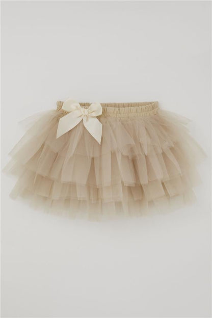 Girls' Tutu Skirt with Tulle Detail and Layered Bow Accessory, Beige (Ages 4-8)