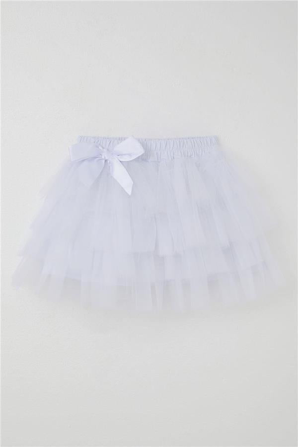 Girls' Tutu Skirt with Tulle Detail and Layered Bow Accessory, White (Ages 4-8)