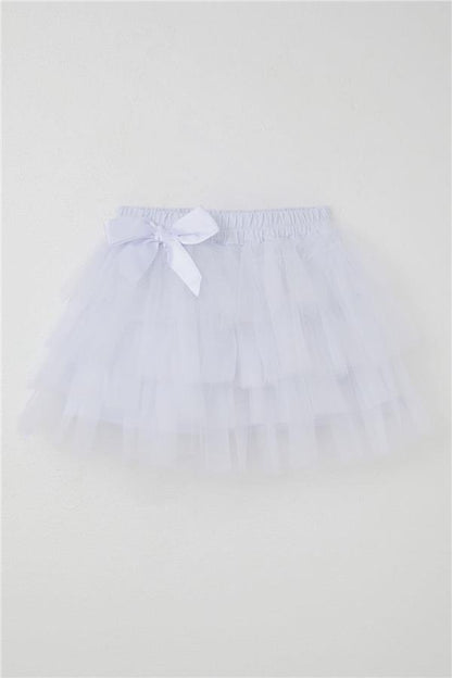 Girls' Tutu Skirt with Tulle Detail and Layered Bow Accessory, White (Ages 4-8)