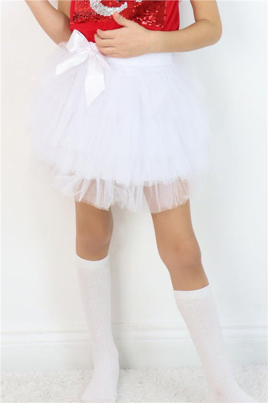 Girls' Tutu Skirt with Tulle Detail and Layered Bow Accessory, White (Ages 4-8)