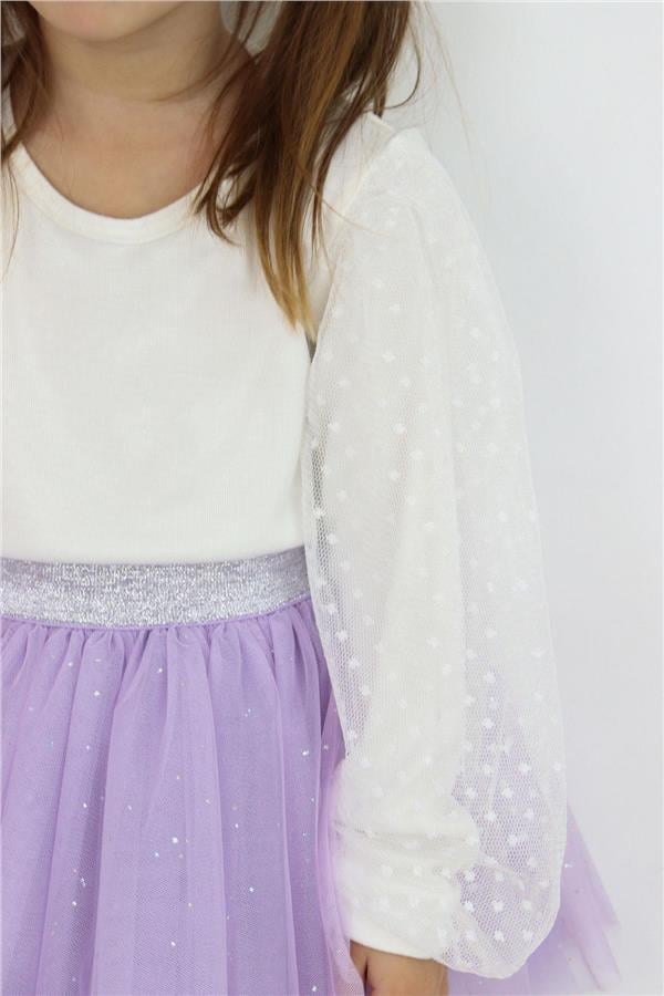 Girls' Long-Sleeved Blouse with Tulle Sleeves, Ecru (Ages 3-7)