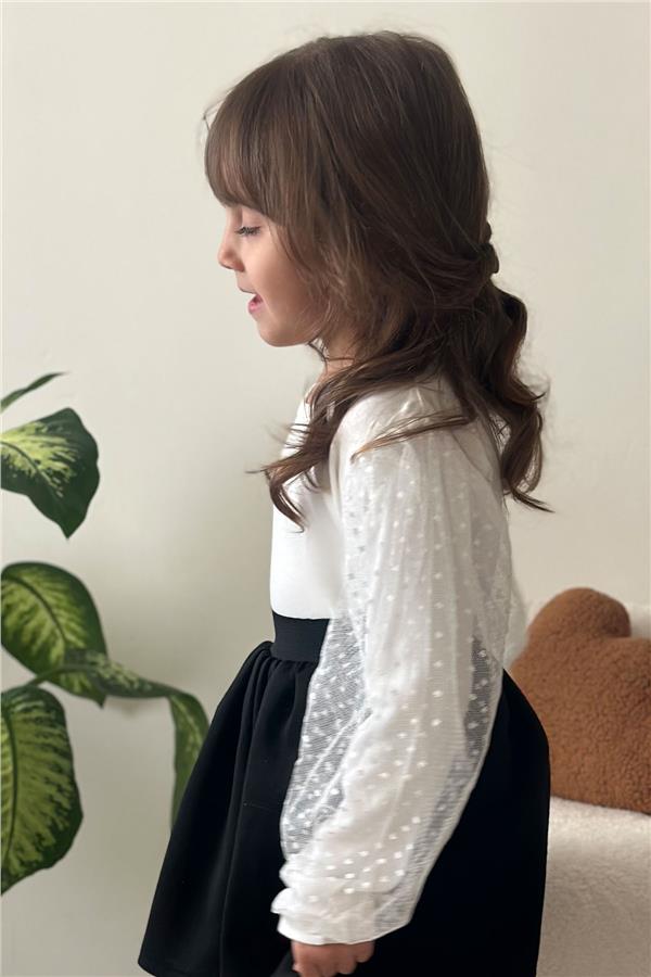 Girls' Long-Sleeved Blouse with Tulle Sleeves, Ecru (Ages 3-7)